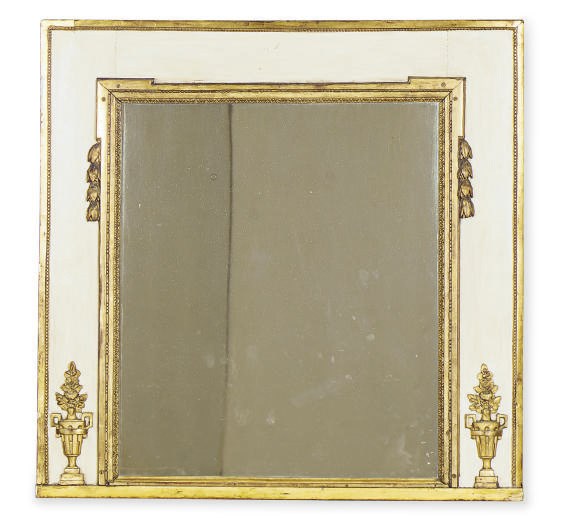 A CONTINENTAL PAINTED AND PARCEL-GILT OVERMANTEL MIRROR,