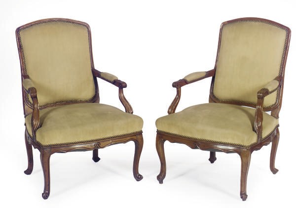 A PAIR OF LOUIS XV WALNUT AND UPHOLSTERED FAUTEUILS,
