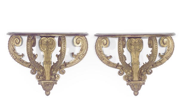A PAIR OF FRENCH GILTWOOD CONSOLE TABLES,