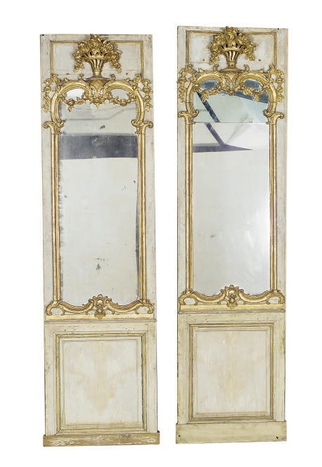 A PAIR OF FRENCH GREY-PAINTED AND PARCEL-GILT PIER MIRROR CONSOLES,