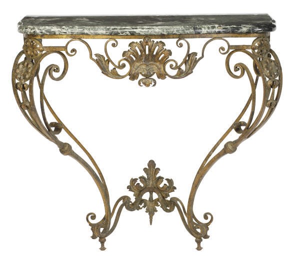 A PAIR OF GILT-METAL AND MARBLE CONSOLE TABLES,