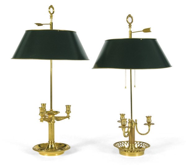 A PAIR OF GILT-METAL THREE-LIGHT BUILLOTTE LAMPS,
