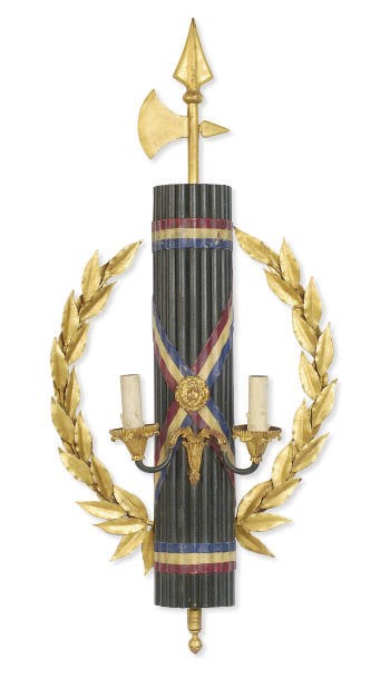 AN ENAMELED AND GILT-METAL TWO-BRANCH WALL LIGHT,