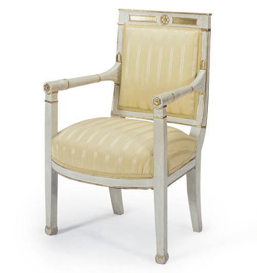 A FRENCH EMPIRE PAINTED AND PARCEL-GILT FAUTEUIL,