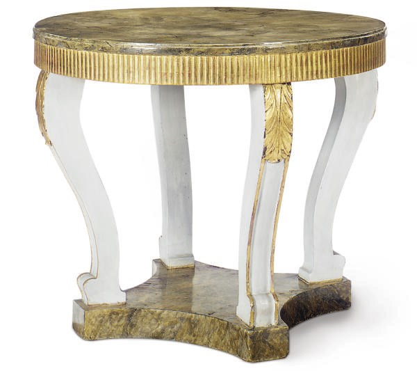 A CONTINENTAL PAINTED, PARCEL-GILT AND FAUX MARBLE CENTER TABLE,