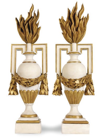 A PAIR OF FRENCH PAINTED AND PARCEL-GILT FLAMING URNS,