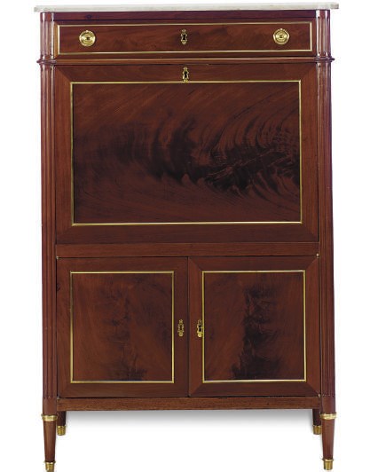 A LOUIS XVI GILT-METAL MOUNTED MAHOGANY AND MARBLE-TOP SECRETAIRE A ABBATANT,