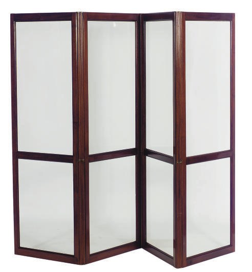 A FRENCH MAHOGANY AND GLASS FOUR-PANEL DRAFT SCREEN,