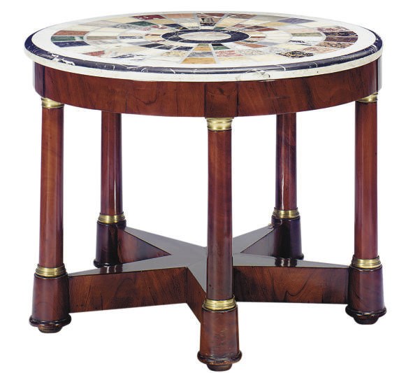 A FRENCH MAHOGANY AND SPECIMEN MARBLE CENTER TABLE,