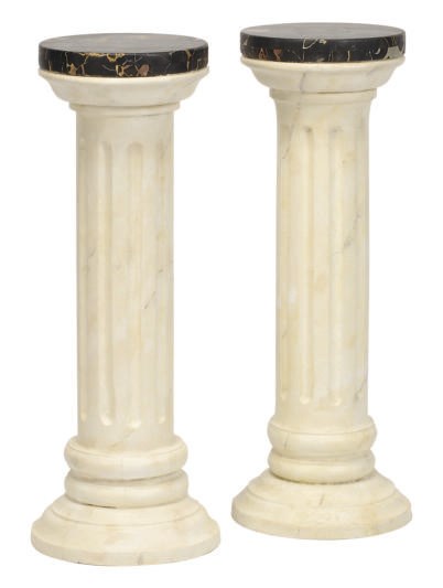 A PAIR OF WHITE-PAINTED AND MARBLE-TOP PEDESTALS,
