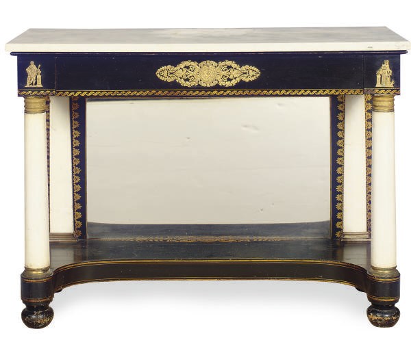AN AMERICAN CLASSICAL GILT-METAL MOUNTED, EBONIZED, STENCIL-DECORATED AND MARBLE PIER TABLE,