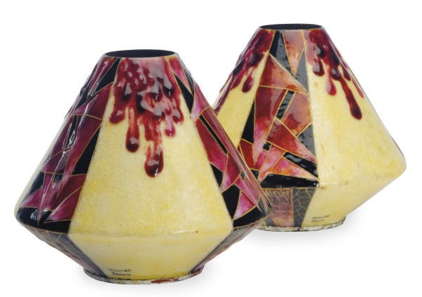 A PAIR OF FRENCH ENAMEL-ON-COPPER VASES,