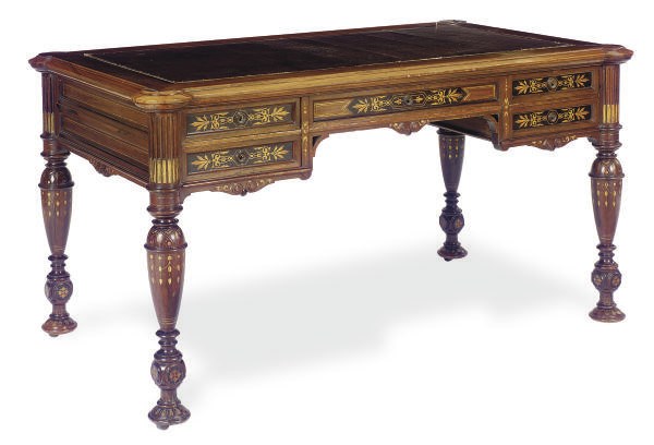 AN AESTHETIC MOVEMENENT ROSEWOOD, PART-EBONIZED AND PARCEL-GILT WRITING TABLE**,