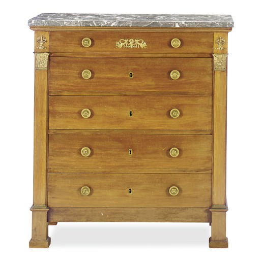 A FRENCH ORMOLU-MOUNTED MAHOGANY AND MARBLE-TOP COMMODE,