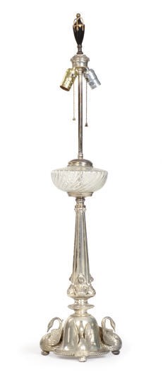 A SILVERED METAL AND GLASS NATURALISTIC TABLE LAMP,