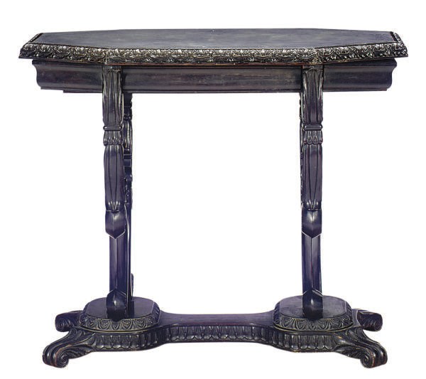 AN EBONIZED AND SLATE SIDE TABLE,