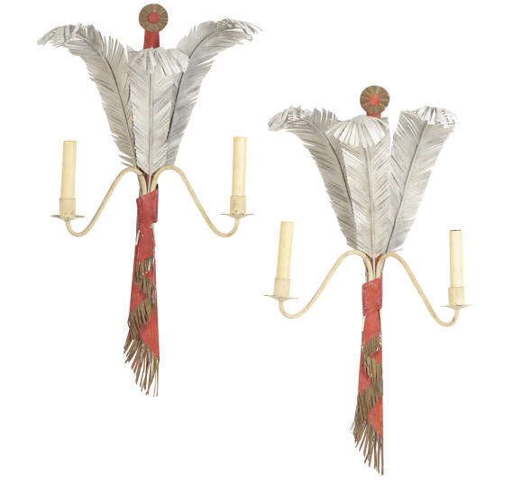 A PAIR OF ENAMELED METAL FAUX-FEATHER TWO-BRANCH WALL-LIGHTS,