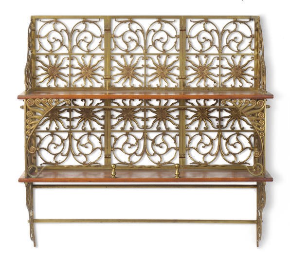A BRASS AND CHERRYWOOD HANGING SHELF,