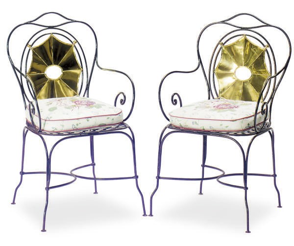 A PAIR OF GREEN ENAMELED METAL AND BRASS ARMCHAIRS,