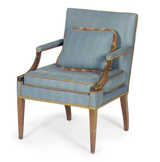 A MAHOGANY UPHOLSTERED ARMCHAIR,