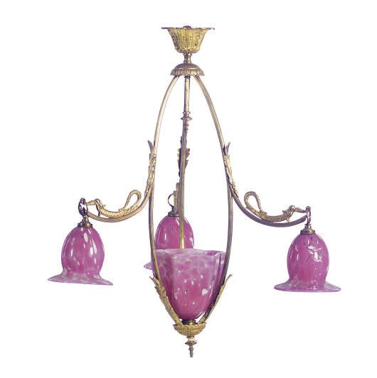 A GILT-METAL AND GLASS THREE-LIGHT CHANDELIER,