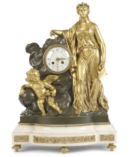 A PATINATED AND GILT-BRONZE AND MARBLE FIGURAL MANTELCLOCK,