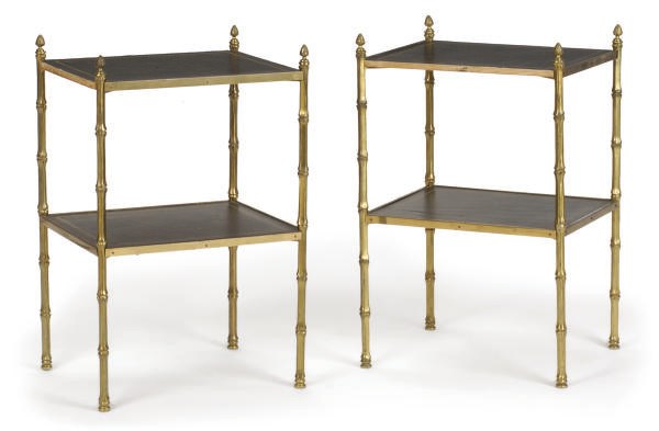 A PAIR OF GILT-METAL AND INSET LEATHER TWO-TIER SIDE TABLES,