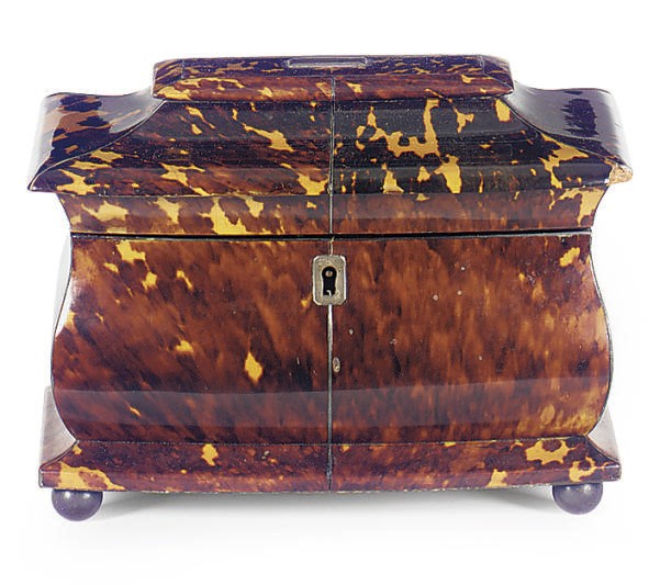 A REGENCY SILVER-INLAID TORTOISESHELL TEA CADDY**,
