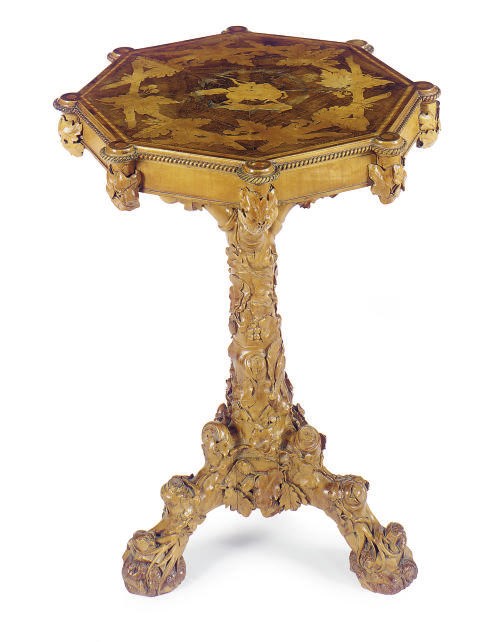 A WALNUT AND FRUITWOOD MARQUETRY SIDE TABLE,