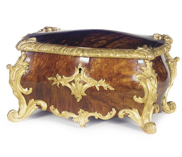 A FRENCH ORMOLU-MOUNTED TORTOISESHELL SERPENTINE BOMBE TABLE BOX**,