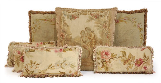 SEVEN TAPESTRY AND NEEDLEPOINT PILLOWS,