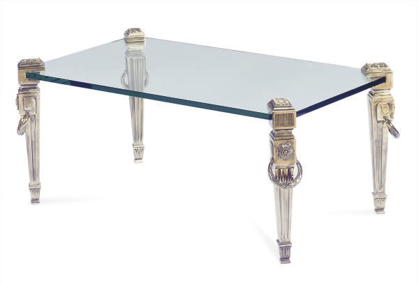 A GILT-METAL AND GLASS LOW TABLE,