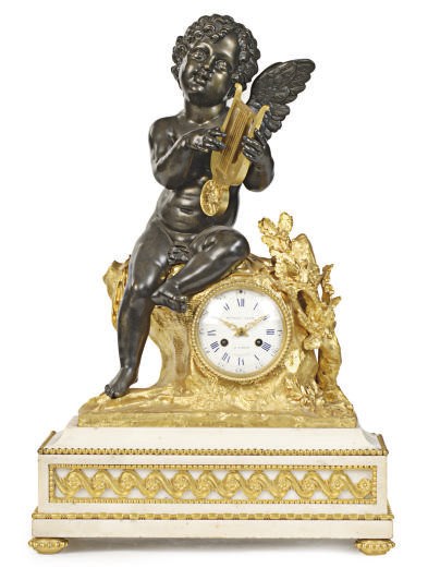 A FRENCH ORMOLU, PATINATED BRONZE, AND MARBLE FIGURAL MANTEL CLOCK,
