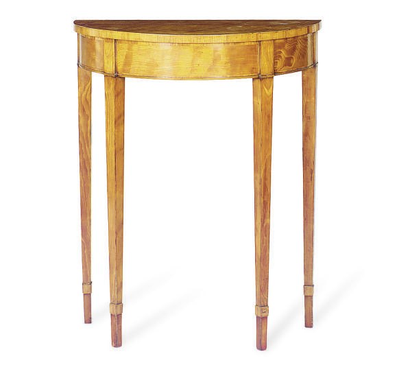A GEORGE III SATINWOOD AND CROSSBANDED DEMILUNE SIDE TABLE,
