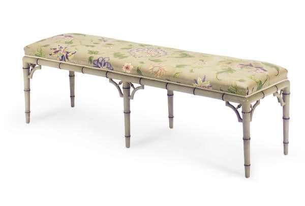 A GREEN PAINTED FAUX-BAMBOO BENCH,