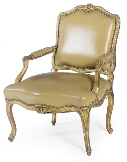 A FRENCH PAINTED AND PARCEL-GILT FAUTEUIL,
