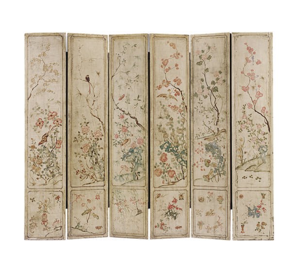 A CREAM-LACQUER AND POLYCHROME-PAINTED SIX-PANEL SCREEN,