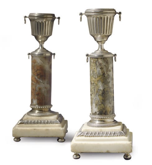 A MATCHED PAIR OF NORTH EUROPEAN SILVERED METAL, AGATE AND WHITE MARBLE CANDLESTICKS,
