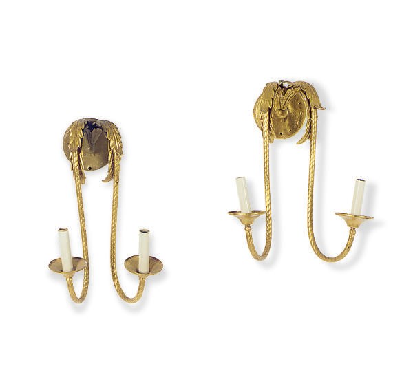 A PAIR OF GILT-METAL TWO-BRANCH WALL-LIGHTS,