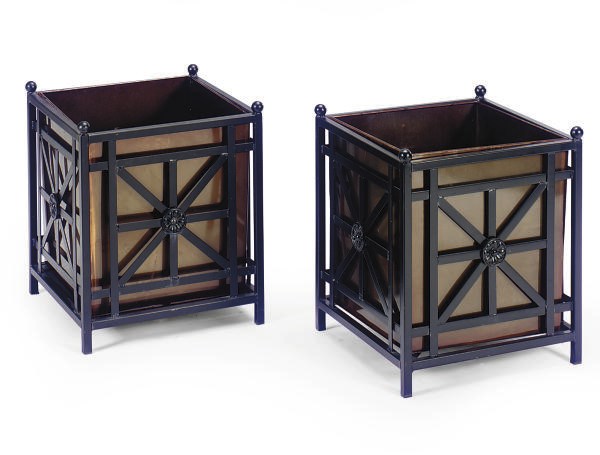 A SET OF SIX BROWN AND BLACK ENAMELED METAL SQUARE-FORM JARDINIERES,