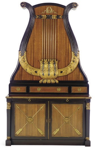 A MAHOGANY, PARCEL-GILT, AND EBONIZED LYRE-FORM LIBRARY CABINET,