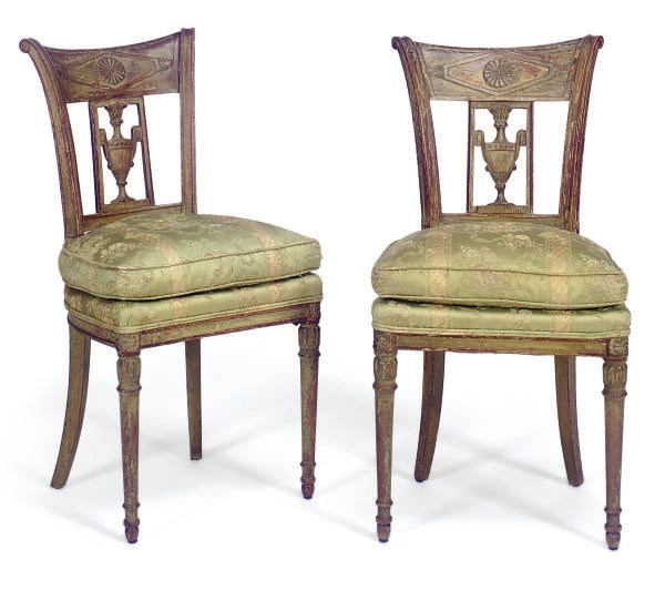A PAIR OF FRENCH GREEN-PAINTED SIDE CHAIRS,