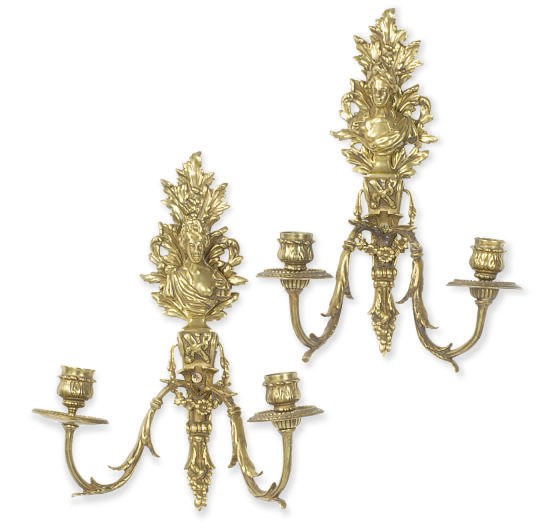 A PAIR OF GILT-BRONZE TWO-LIGHT WALL LIGHTS,