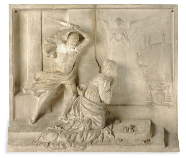 A PAINTED PLASTER RELIEF PLAQUE,