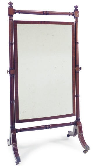 AN ENGLISH MAHOGANY CHEVAL MIRROR,