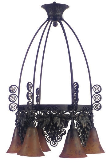 A FRENCH ART DECO WROUGHT IRON AND GLASS SIX-LIGHT CHANDELIER,
