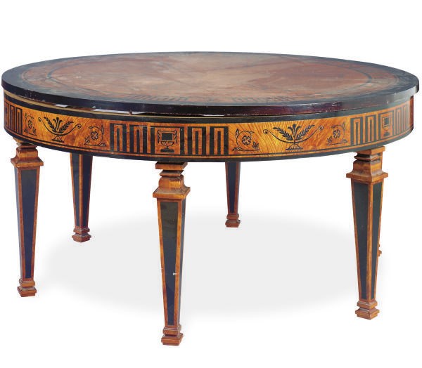 A NEOCLASSIC STYLE WALNUT BURL AND EBONIZED CENTER TABLE,