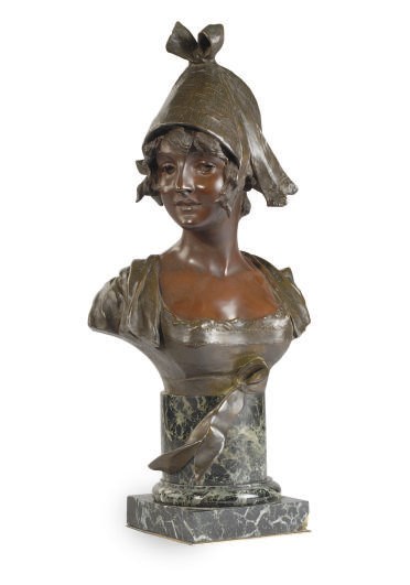 A FRENCH PATINATED BRONZE BUST OF A GIRL,