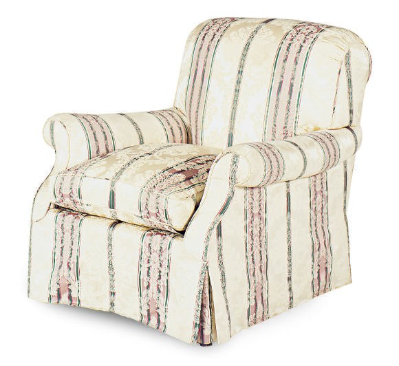 A STRIPED SILK DAMASK UPHOLSTERED ARMCHAIR,