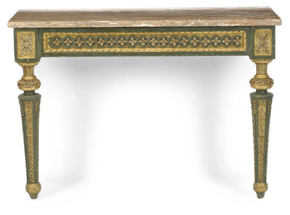 AN ITALIAN PAINTED AND PARCEL-GILT CONSOLE TABLE,